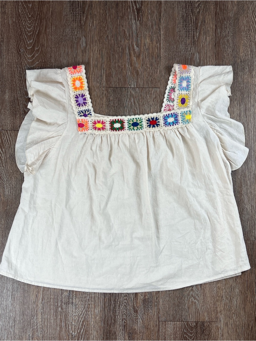 Boho Crochet Trim Flutter Sleeve Top Ivory Granny Square Plus Size | XXL